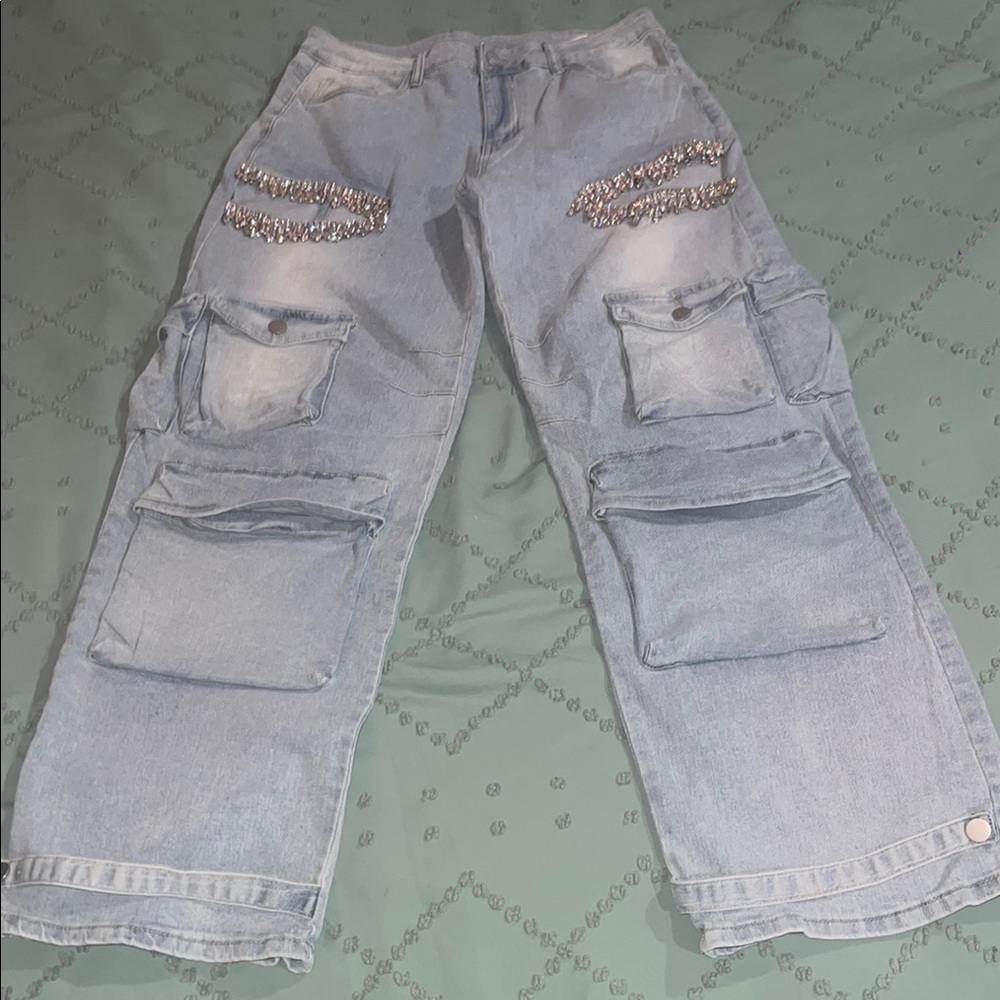 Light Blue Women's Cargo Jeans w Holes decorated with sparkling rhinestones